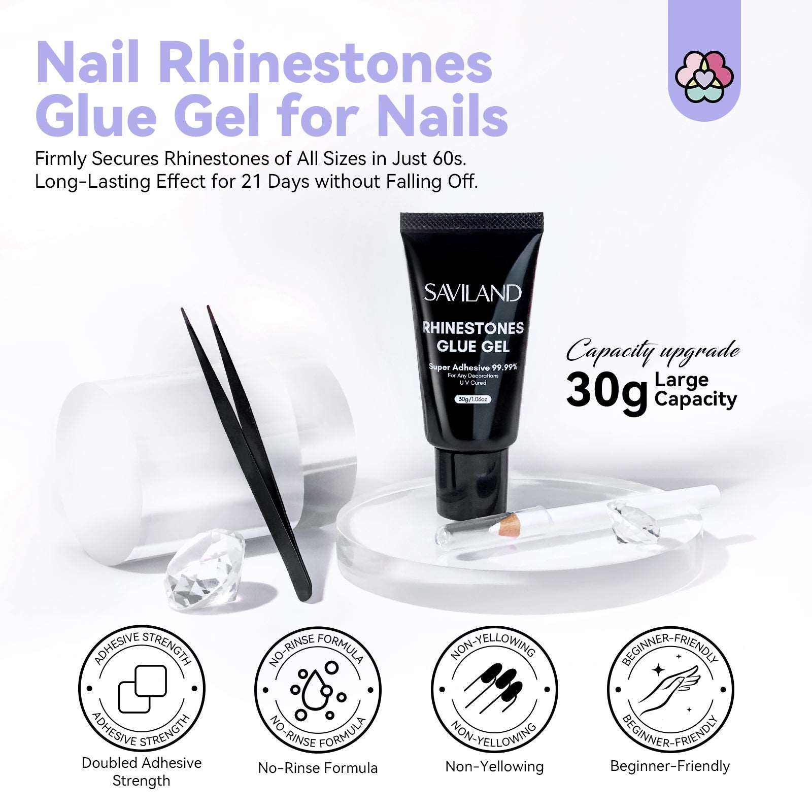 SavilandSuperStrong Rhinestone Glue for Nails: Nail Glue with Nail Art  Tools, Nail Gem & Nail Charm Glue with Rhinestone Picker Tool & Tweezer,  30g Glue 3D Art Easy Use for Big Decor